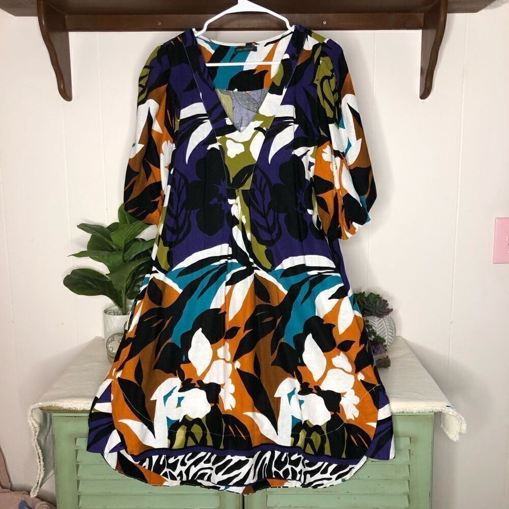 For Cynthia Women's Floral V-Neck Puffed Sleeve Dress Multicolor Medium-Large